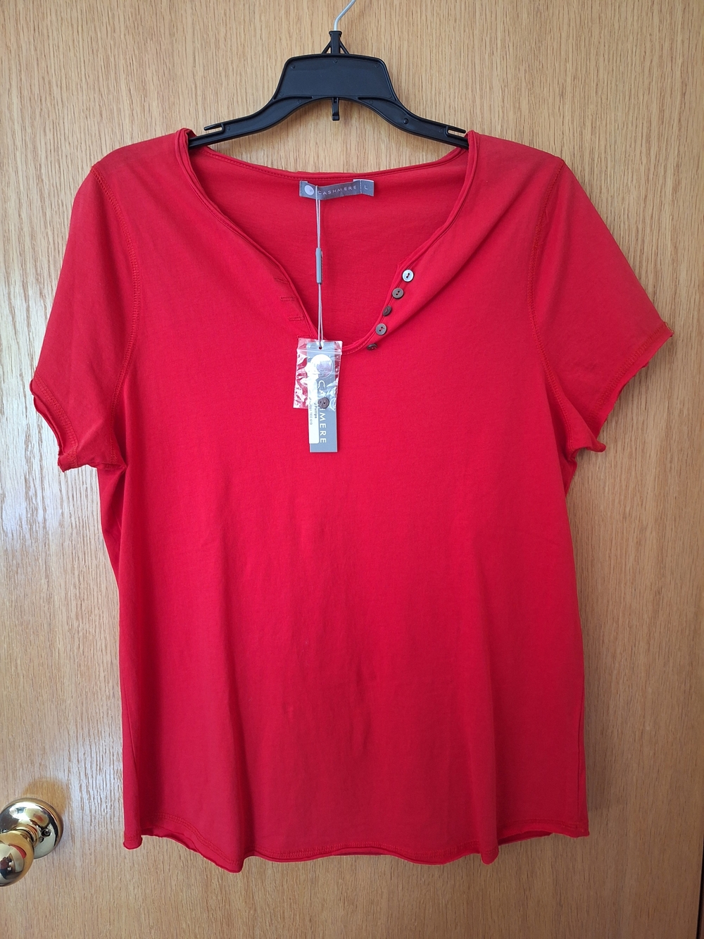 Casual Red Women's Short Sleeve Tee with Button V-Neck